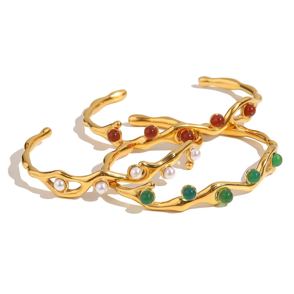 18k Gold Plated Stainless Steel Nature Stone Pearl Opening Bangles/Bracelets