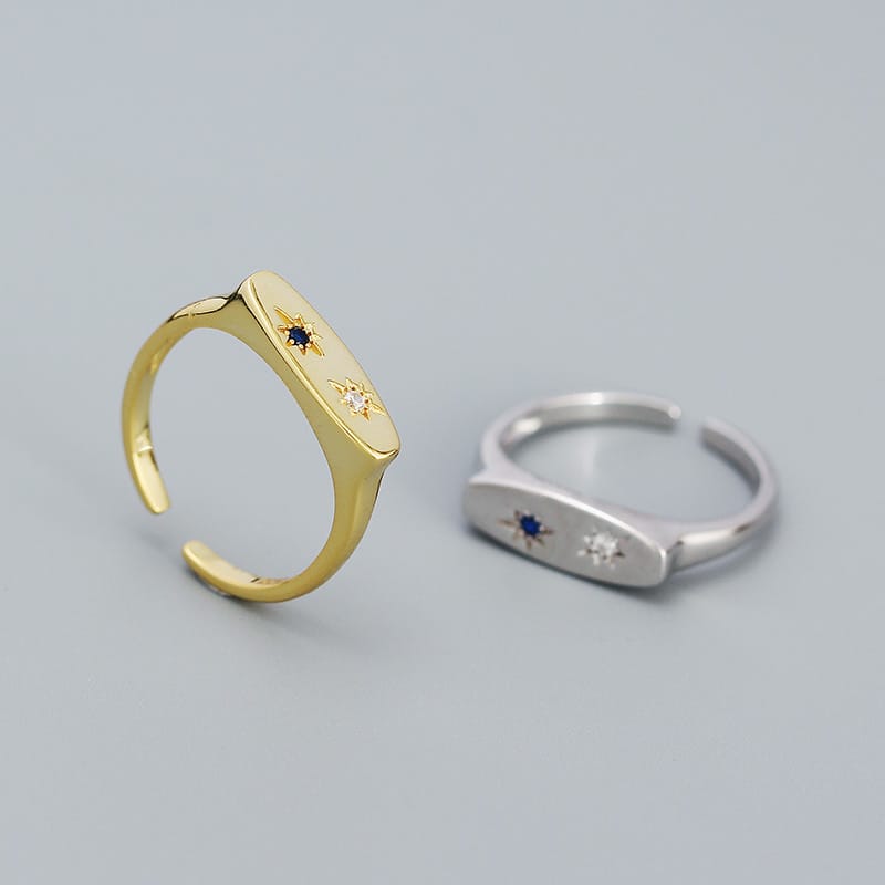 S925 sølv minimalistisk ring med otte-takket stjerne og farvet zirkon, åben ring