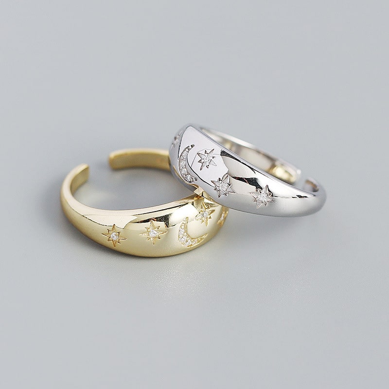 S925 sølv geometrisk ring stjerne måne Prong-indfatning åben ring